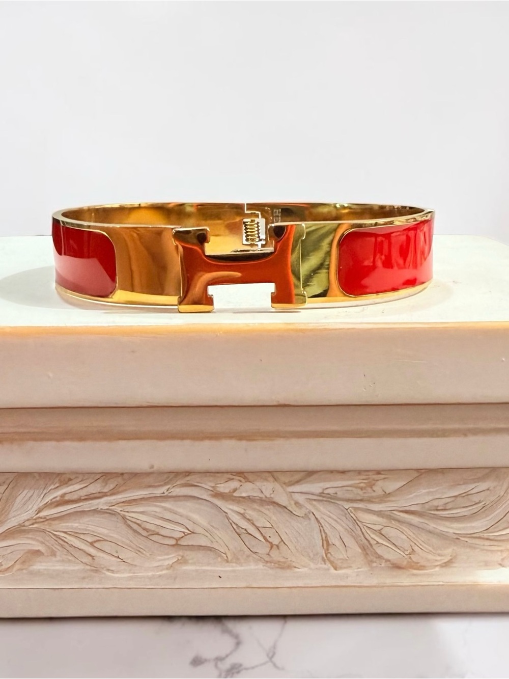 Gold-Tone Stainless Steel Red Enamel H-Accent Bracelet NEW